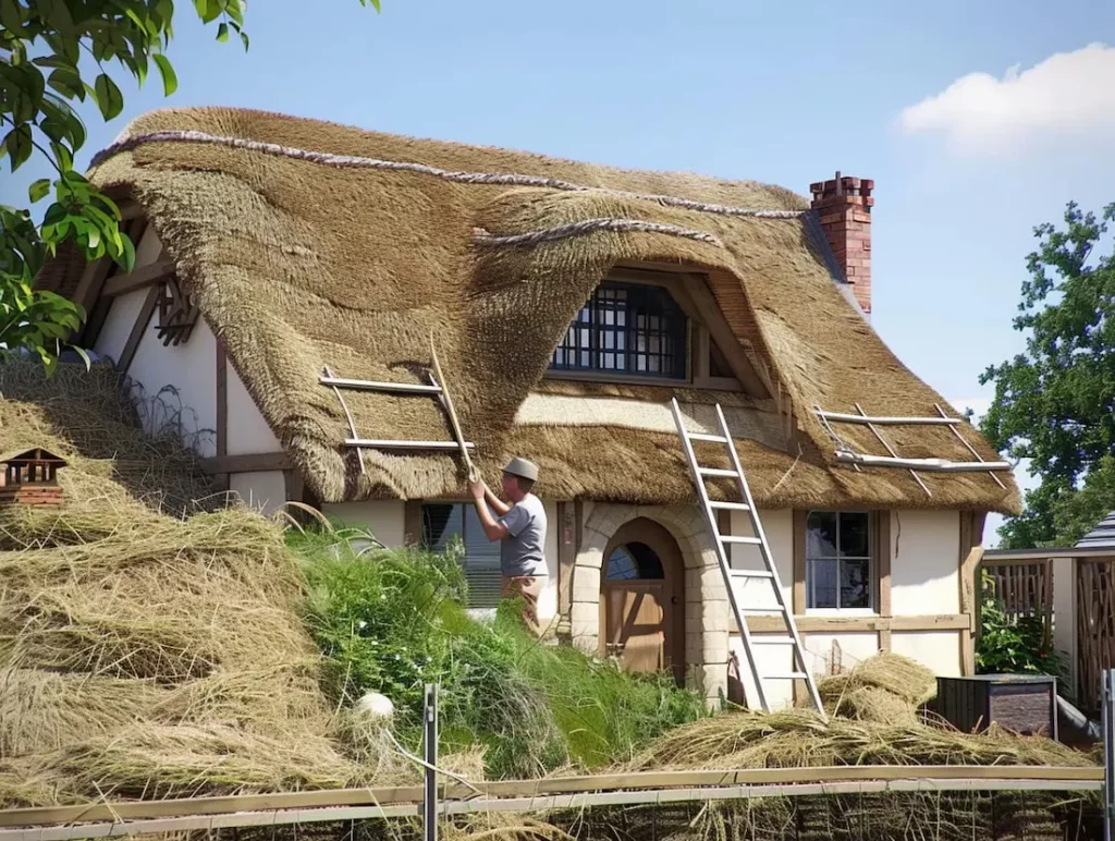 Travaux de rénovation écologique sur une maison traditionnelle avec un toit en chaume, illustrant l'utilisation de matériaux naturels et durables