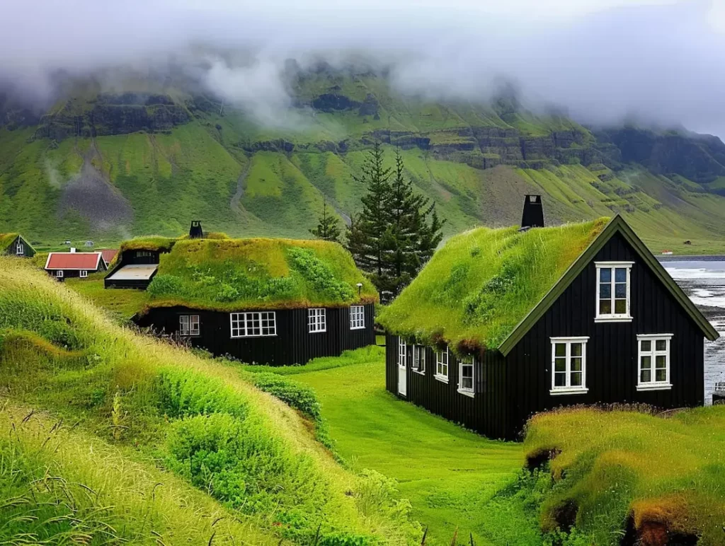 Maisons écologiques avec toits végétalisés au cœur d'un paysage naturel