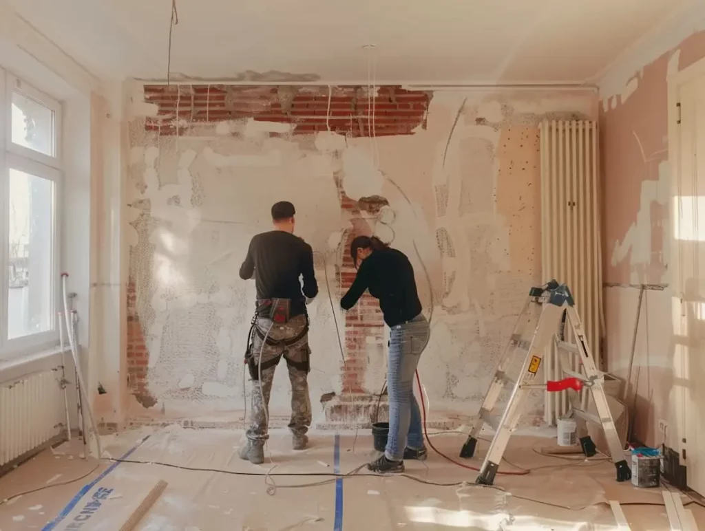 Deux personnes rénovant une pièce intérieure avec des matériaux respectueux de l'environnement, illustrant les travaux de rénovation écologique