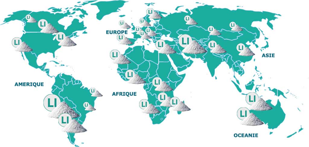 Carte du monde des mines de lithium