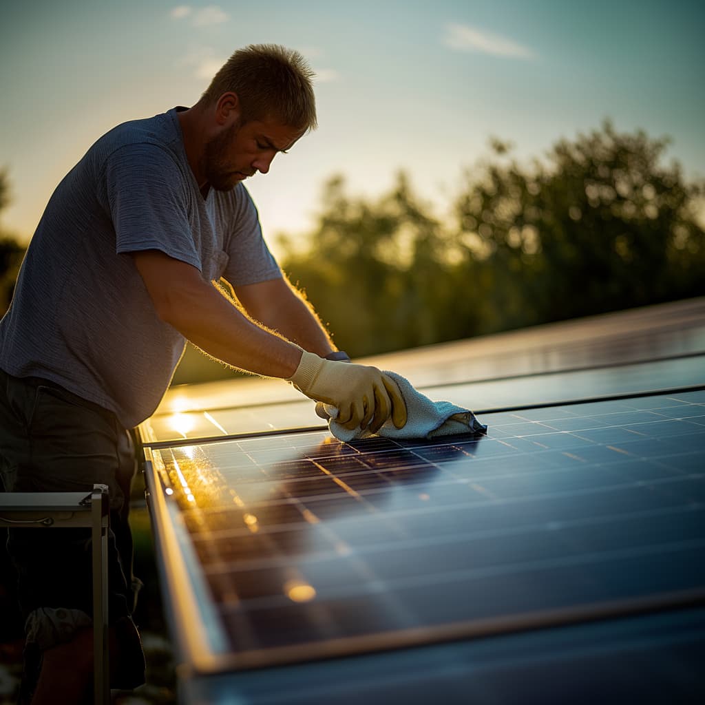 Homme effectuant le nettoyage de panneaux solaires