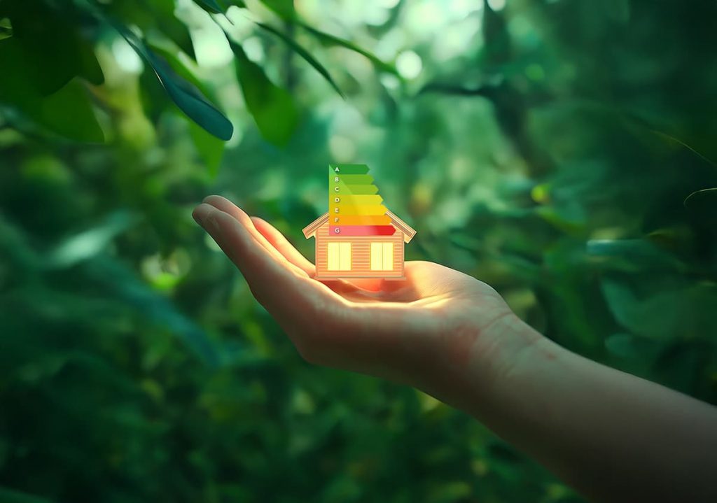 Illustration d'une main tenant une maison avec une étiquette énergétique