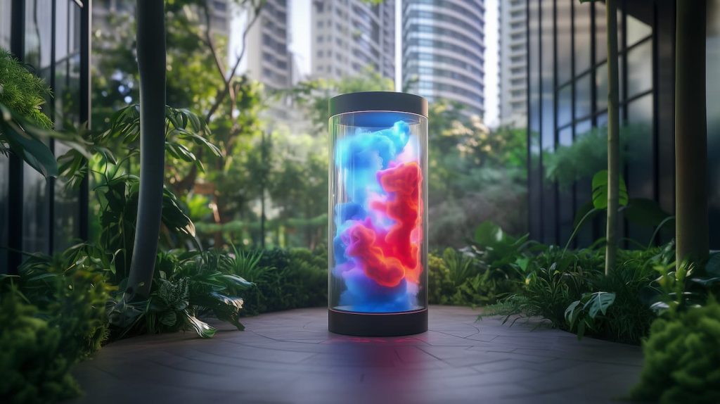 Installation futuriste d'un cylindre en verre contenant des nuages colorés bleus et rouges, entouré de végétations
