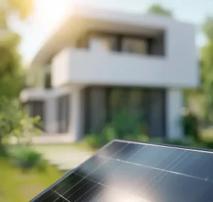 Panneau solaire installé devant une maison moderne, symbolisant l’autoconsommation et la transition énergétique